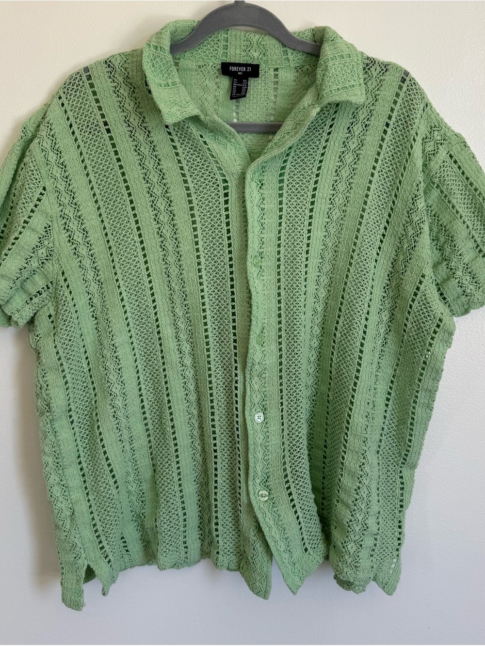 Forever 21 Men’s Mint Green Open-Knit Button-Up Shirt